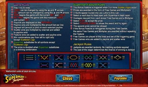 Game Rules, Superman Feature Rules, Jackpot Rules and Payline Diagrams