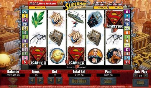 Three Superman logo scatter symbols triggers bonus feature