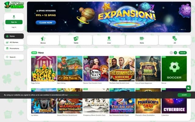 All Wins Casino Homepage Image