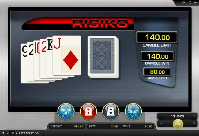 Risiko Gamble Feature - choose the color of the next card drawn. You can bet on red or black with the corresponding buttons.