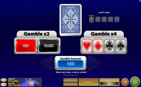 Gamble feature is available after each winning spin. Select color or suit to play.