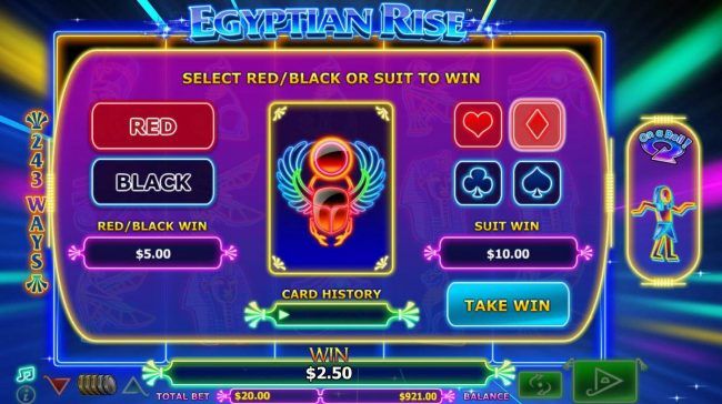 Gamble feature game board is available after every winning spin. For a chance to increase your winnings, select the correct color or suit of the next card or take win.