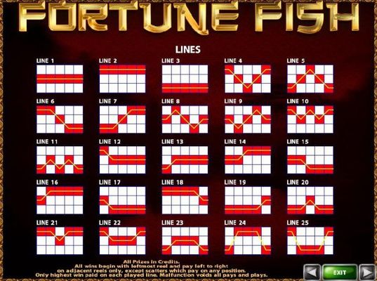 Payline Diagrams 1-25. All wins begin with the leftmost reel and pay left to right on adjacent reels only, except scatters which pay on any position.