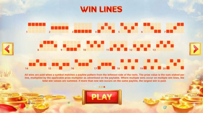 Payline Diagrams 1-20. All wins are paid when a symbol matches a payline pattern from the leftmost side of the reels.