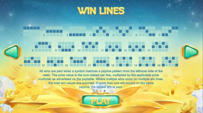 Payline Diagrams 1-20. All wins are paid when a symbol matches a payline pattern from the leftmost side of the reels.