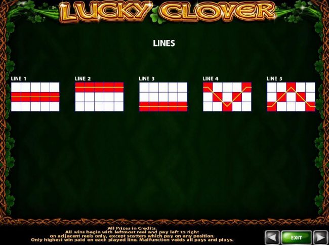 Payline Diagrams 1-5. All wins begin with the leftmost reel and pay left to right on adjacent reels only, except scatters which pay on any position.