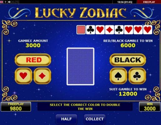 Gamble Feature - To gamble any win press Gamble then select Red or Black or Suit