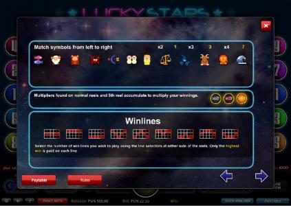 Slot game symbols paytable and payline diagrams