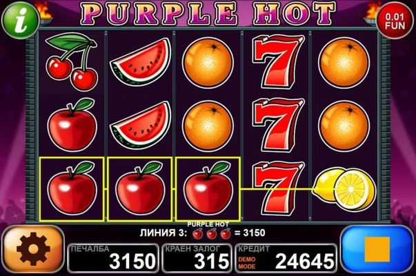 A winning Apples Three of a Kind triggers a 3150 coin jackpot.