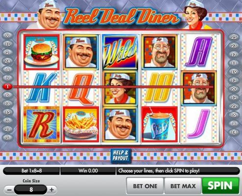 A restaurant diner themed main game board featuring five reels and 25 paylines with a $16,000 max payout