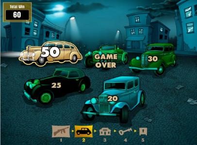 bonus heist bonus feature - select a getaway car to earn a prize.