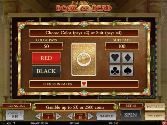 Gamble feature game board is available after every winning spin. For a chance to increase your winnings, select the correct color or suit of the next card or take win.