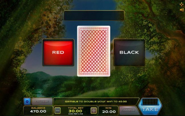 Gamble feature game board is available after every winning spin. For a chance to increase your winnings, select the correct color of the next card or take win.