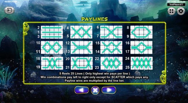 Payline diagrams 1-25. Win combinations pay left to right only except for scatter which pays any.