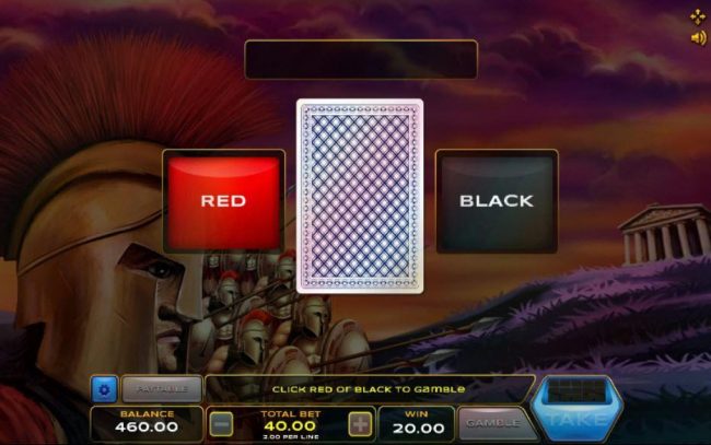 Gamble feature game board is available after every winning spin. For a chance to increase your winnings, select the correct color of the next card or take win.