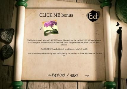 CLICK ME game, 3 CLICK ME symbols visible (scattered), wins a CLICK ME bonus. Choose from the visible CLICK ME symbols and the bonus prize you've won will be revealed.