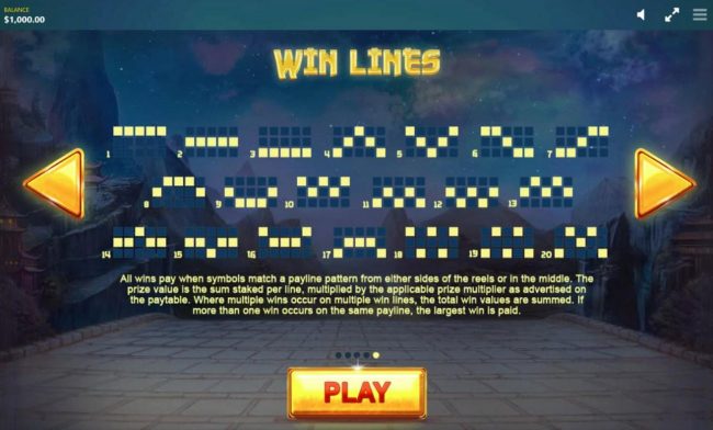 Payline Diagrams 1-20. All wins are paid when a symbol matches a payline pattern from the leftmost side of the reels.