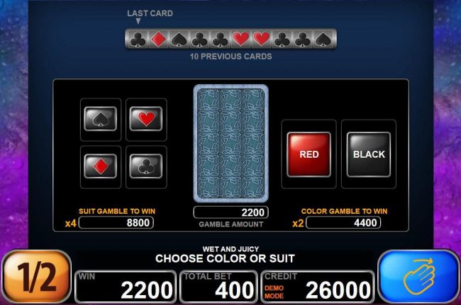 Double Up gamble feature is available after every winning spin. Select the correct color or suit for a chance to double your winnings.