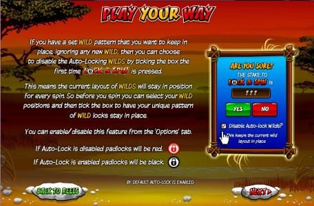 if you have a set wild pattern that you want to keep in place, ignoring any new wild, then you can choose to disable the auto-locking wilds by ticking the box the first lock and spin is pressed.